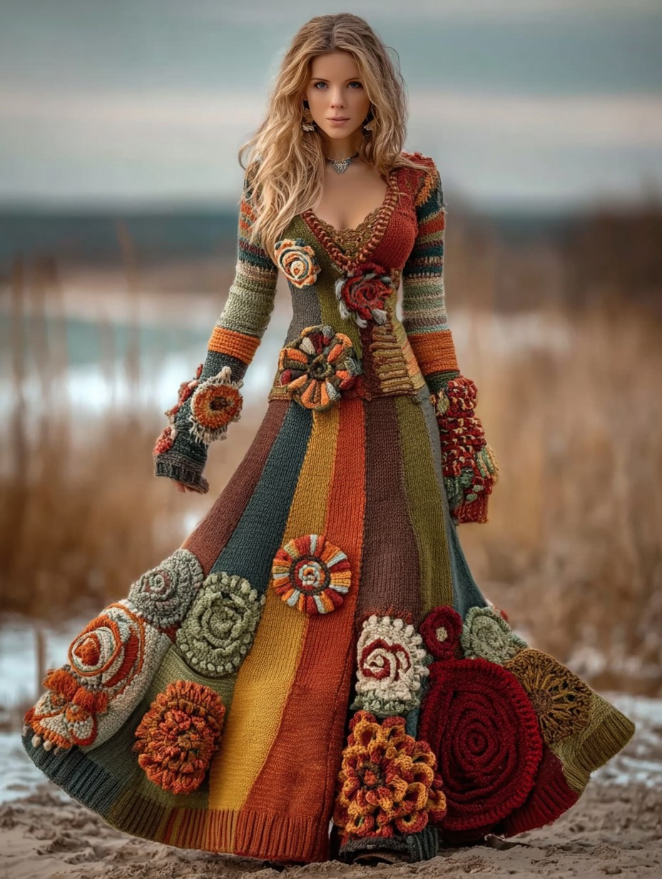Vintage Floral Crochet Colorblock Cozy Maxi Sweater Dress