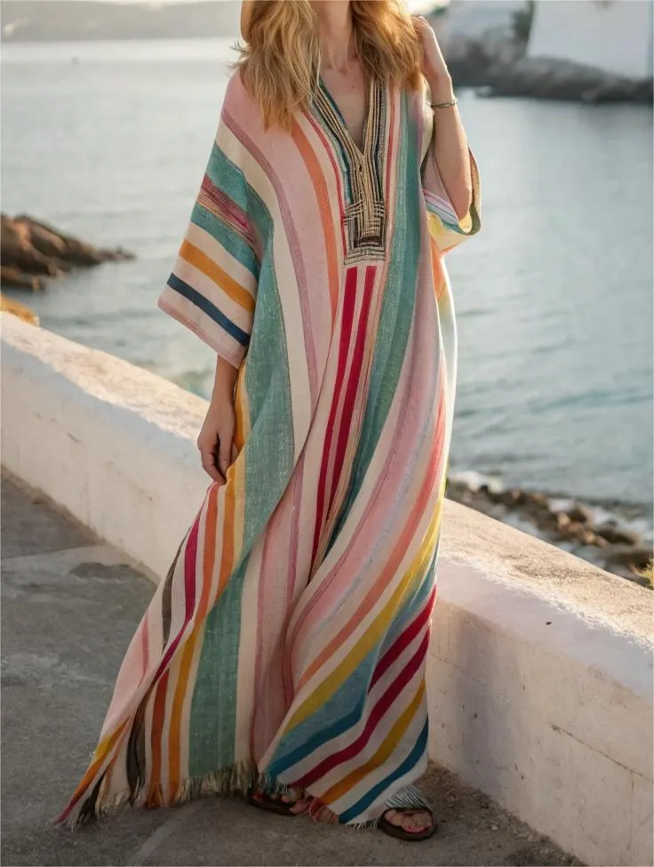 Contton & Linen Long-Sleeve Kaftan Maxi Dress