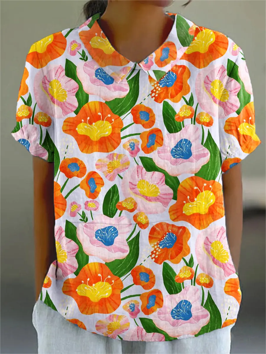 Beautiful Colorful Floral Painting Art Print Casual Cotton & Linen Shirt