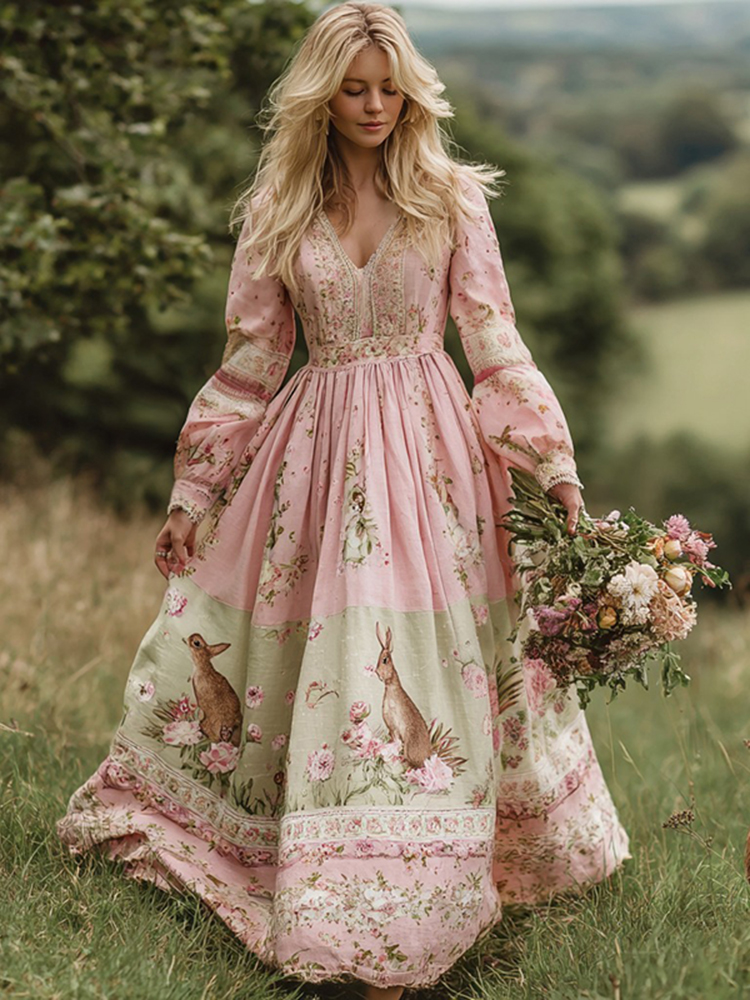 Vintage Bunny With Floral Art Women's Long Sleeve Maxi V-neck Dress