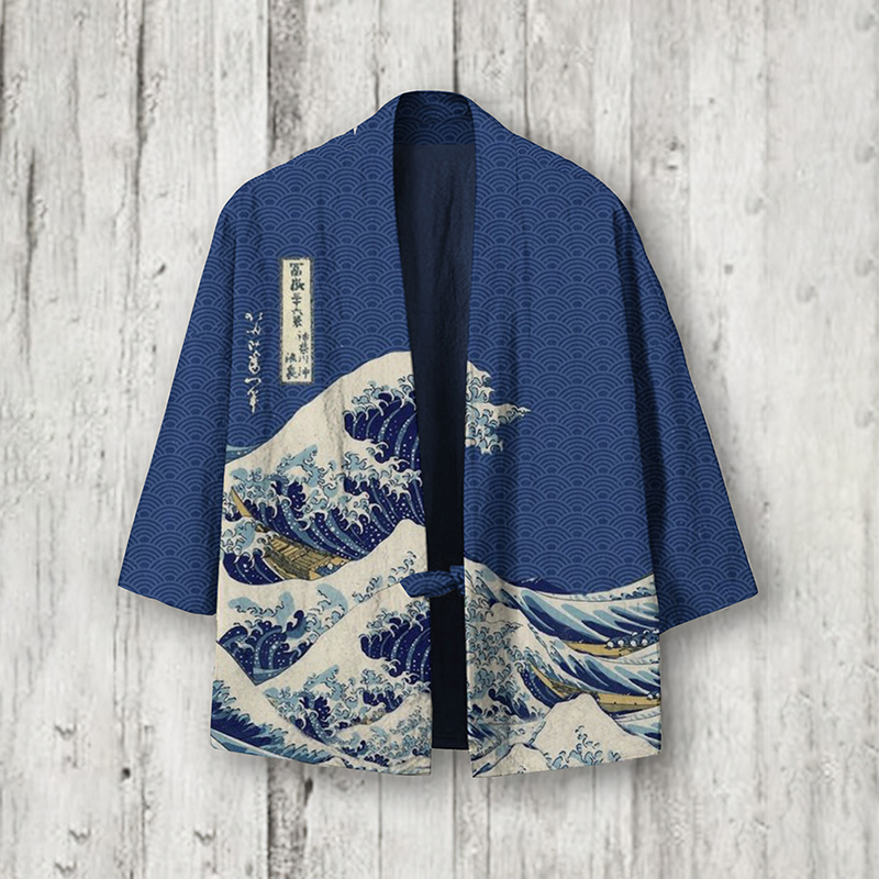 Vintage Japanese Art Sea Printed Blend Kimono