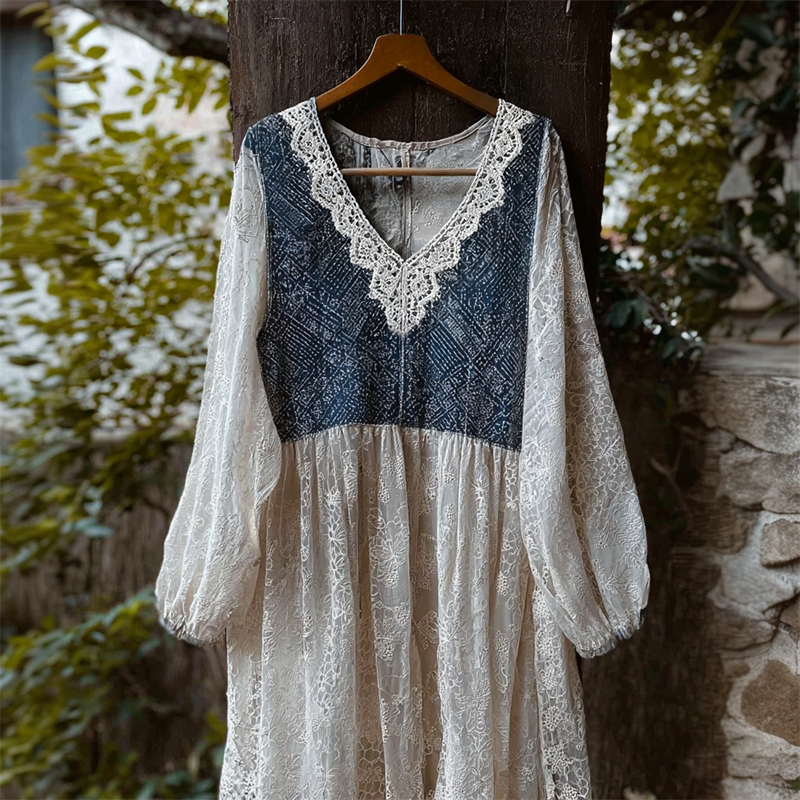 Boho Lace Japanese Sashiko Patchwork Flowy Maxi Dress