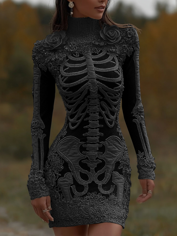 Women's Halloween Skeleton Bones With Rose Art Cozy Knit Turtleneck Mini Sweater Dress