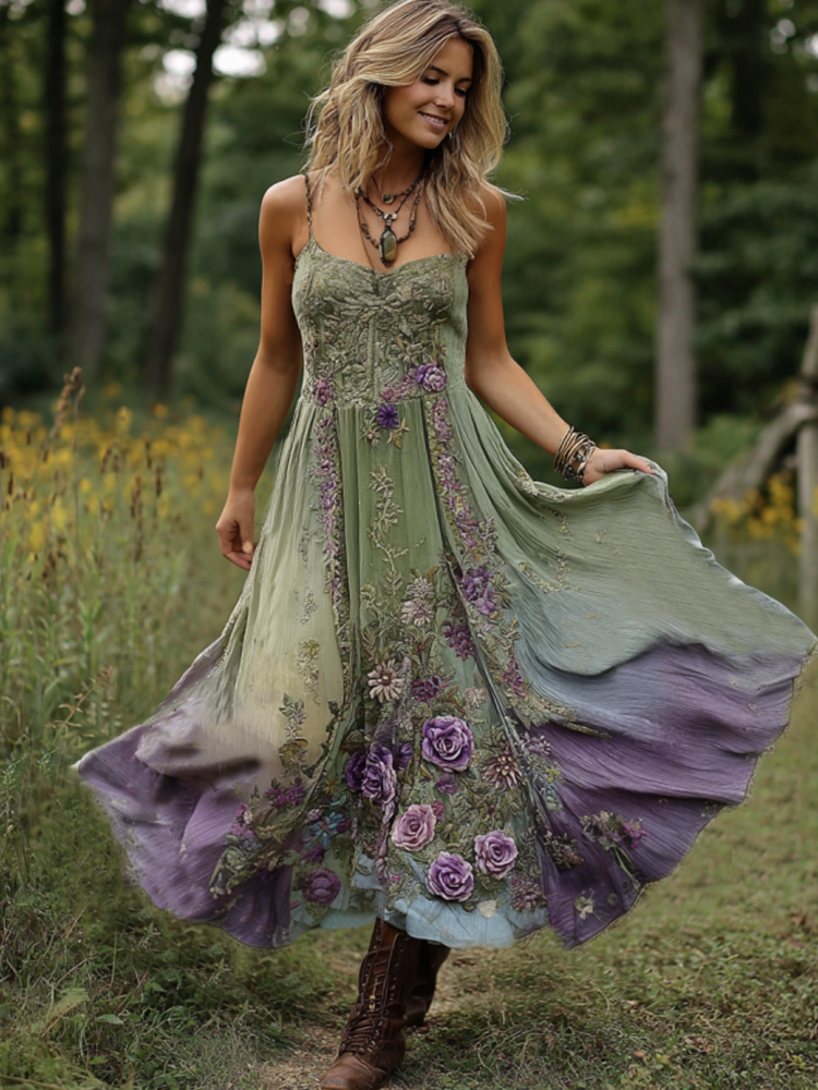 Vintage Classy Gradient Purple Lavender And Floral Embroidered Suspender Long Dress
