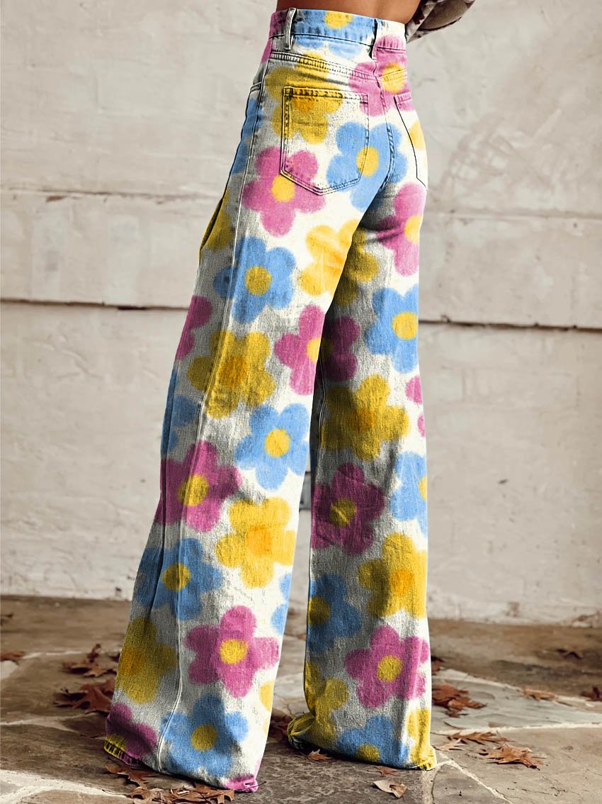 Chroma Daisy Print Casual Wide-Leg Pants