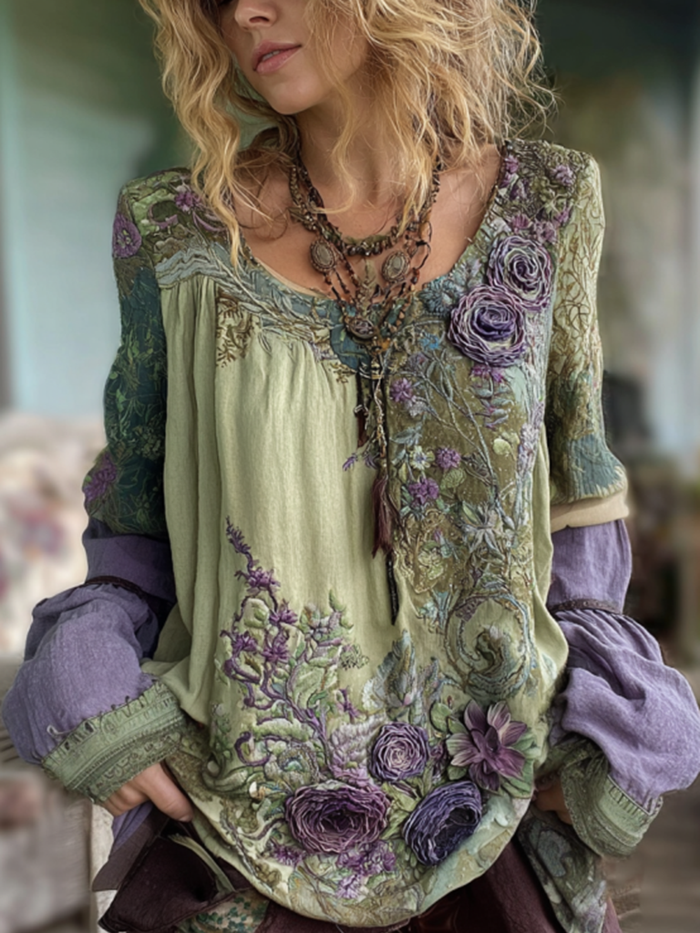 Vintage Purple Lavender And Floral Embroidered Long Sleeve Shirt