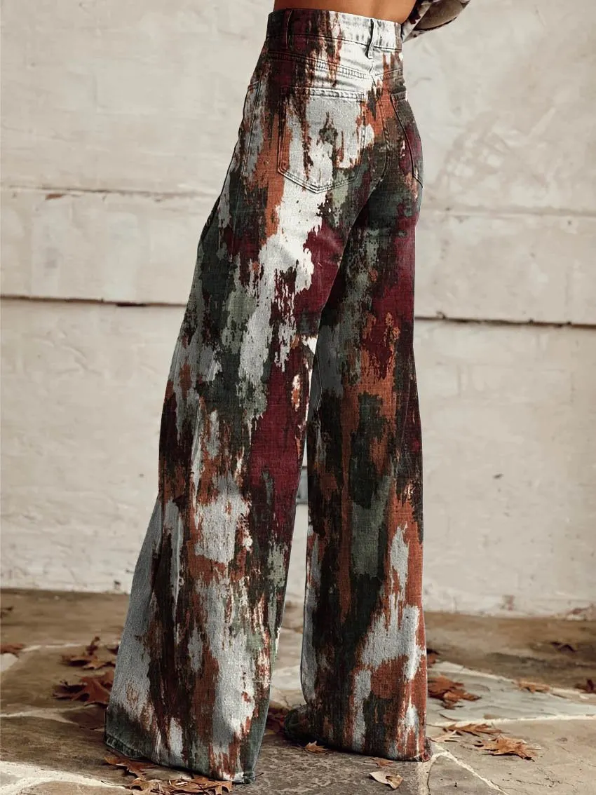 Rust Print Casual Wide-Leg Pants