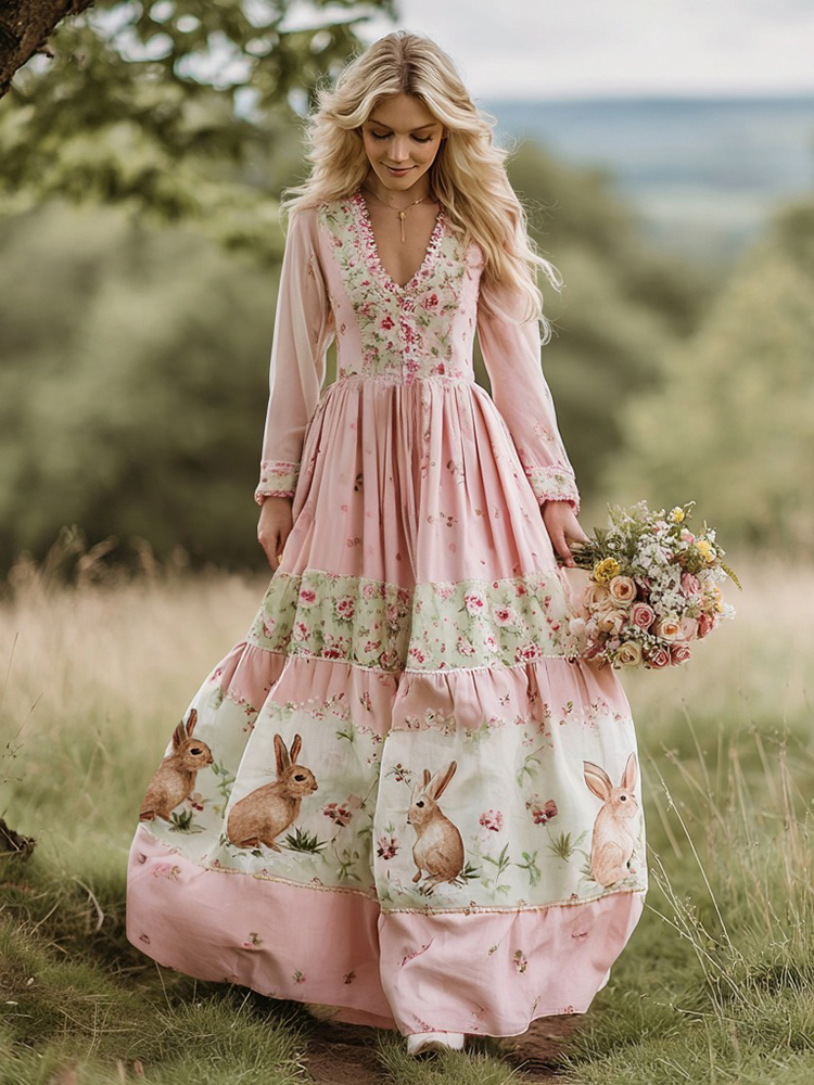 Vintage Bunny With Floral Art Women's Long Sleeve Maxi V-neck Dress