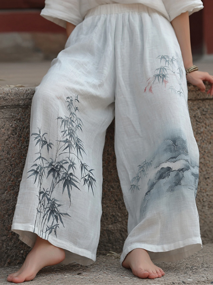 Japanese Style Bamboo Pattern Linen Trousers