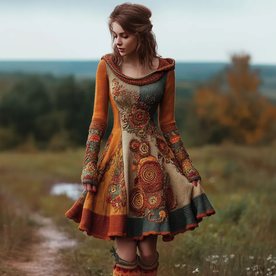 Bohemian Style Autumn And Winter Warm Women's Hooded Knitted Sweater Dress