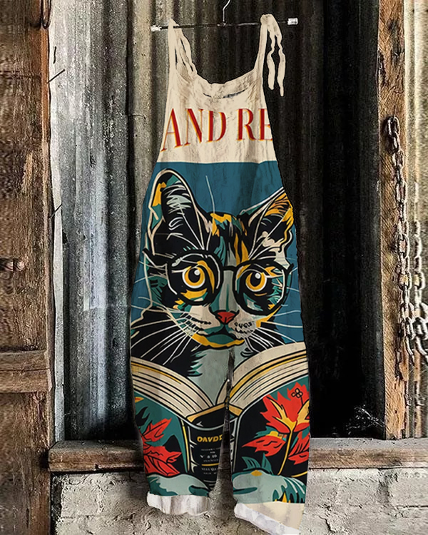 Vintage Cat & Book Print Jumpsuit