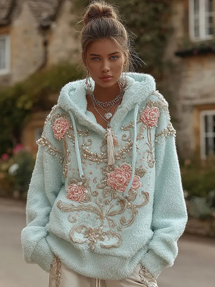Women's Vintage Bohemian Embroidered Flannel Hoodie