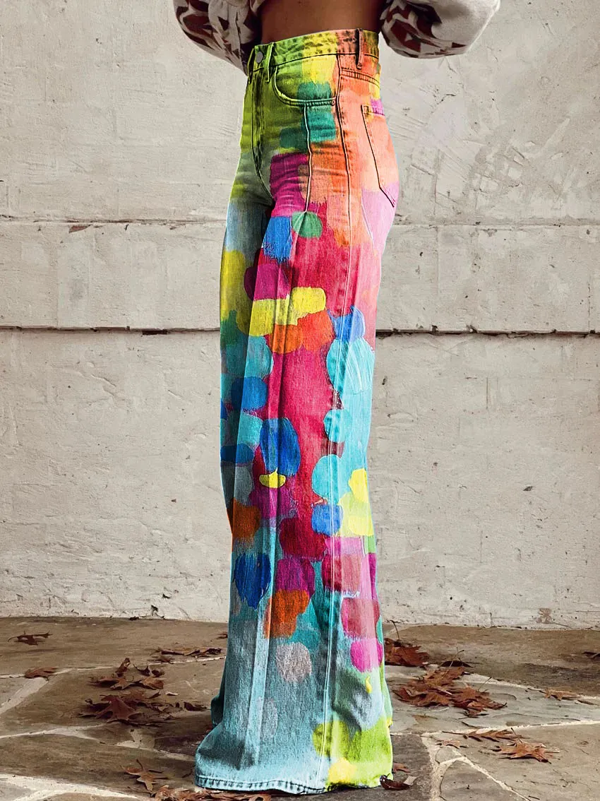 Bright Color Block Print Casual Wide-Leg Pants
