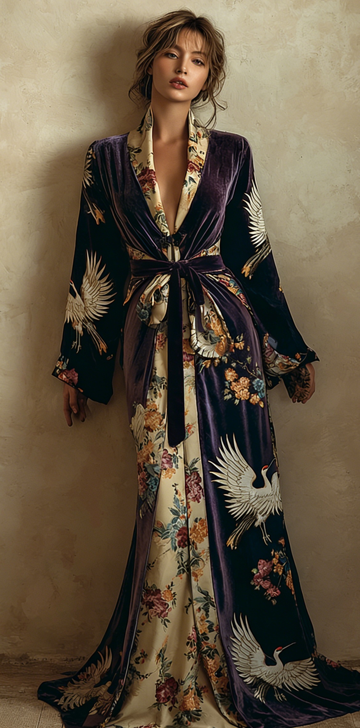Women's Elegant Vintage Crane Art Print Pruplr Robe