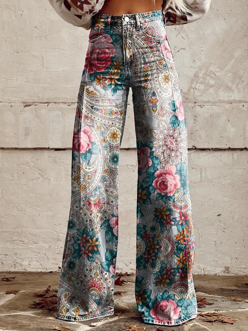 Vintage Bohemian Floral Print Casual Wide-Leg Pants