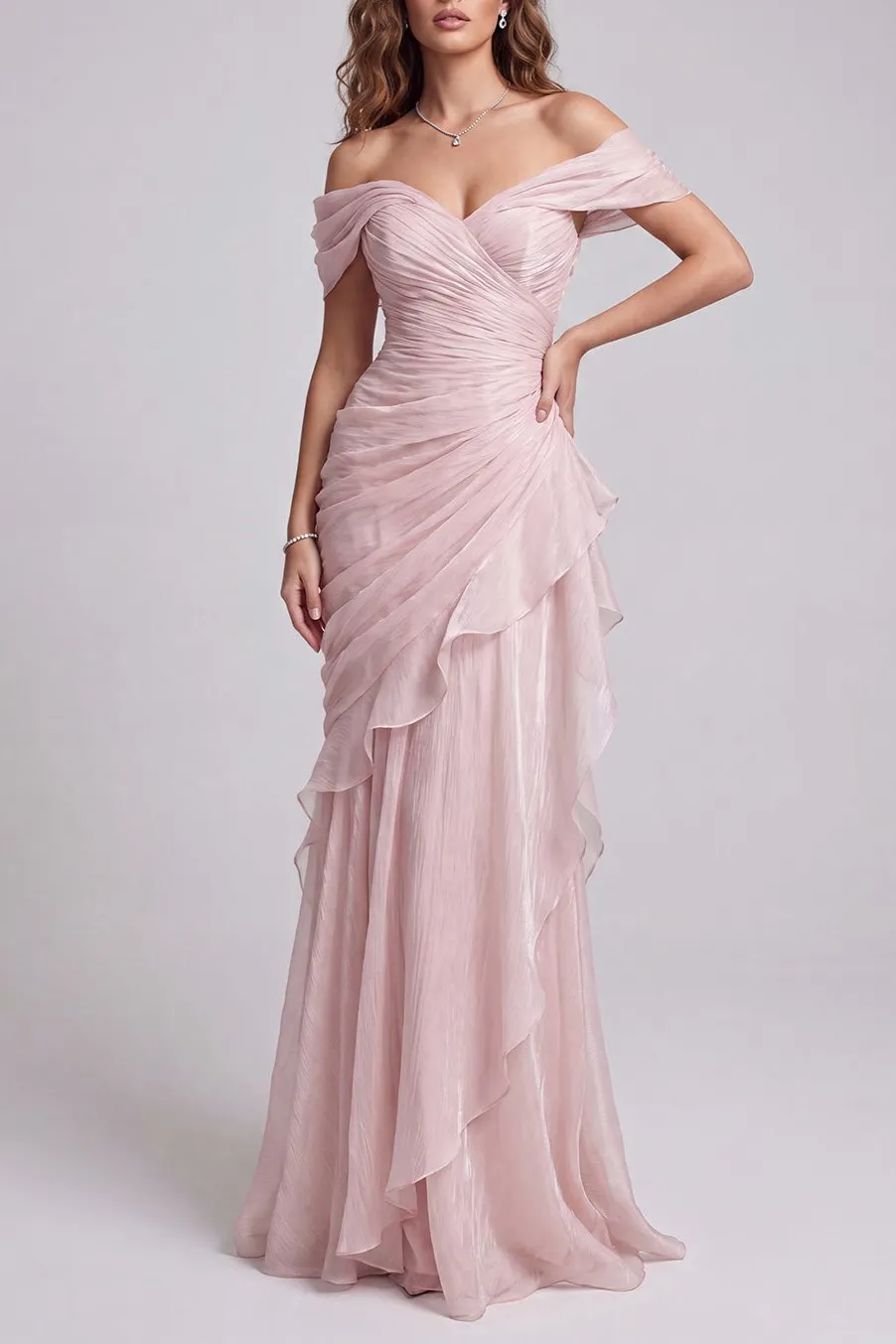 Dusty Pink Off-Shoulder Ruched Floor Gown