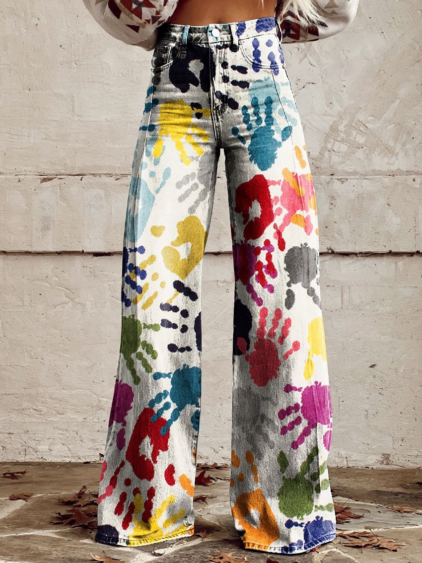 Vintage Doodle Palm Print Casual Wide-Leg Pants