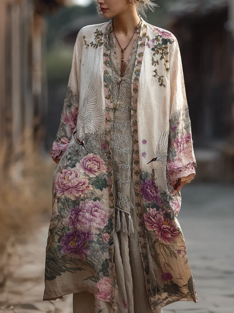 Japanese Art Retro Style Plant Flower & Crane Pattern Women's Cotton & Linen Cardigan
