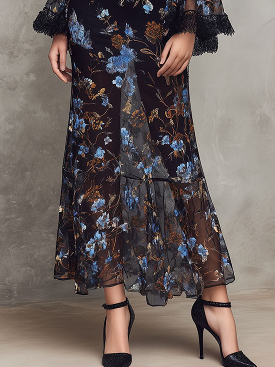 Black Floral Sheer Maxi Dress ̈C Lace-Trimmed Bell Sleeves& High Neck