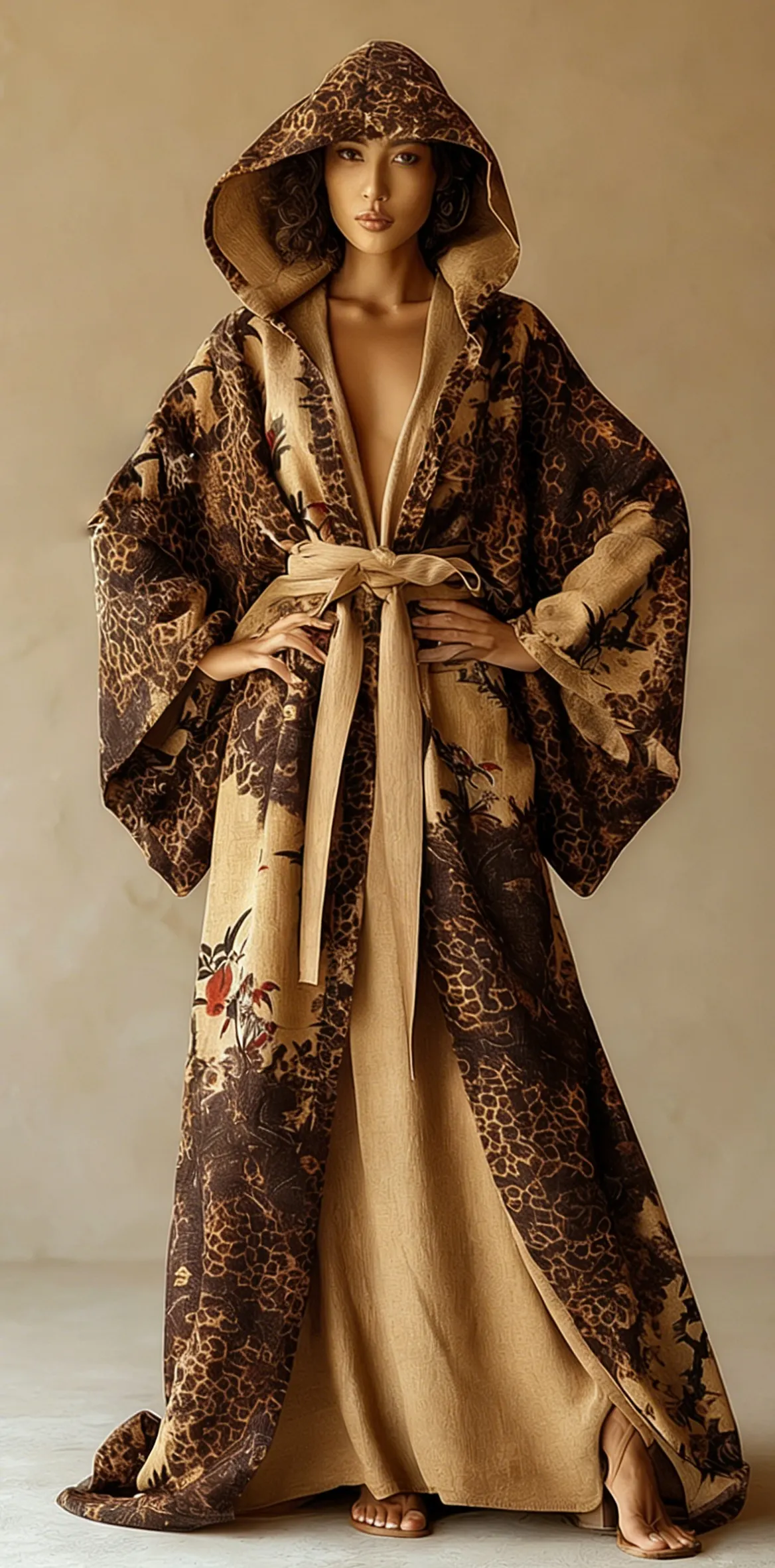 Women's Vintage Gorgeous Slim Floral Print Hooded Robe (belt Included)