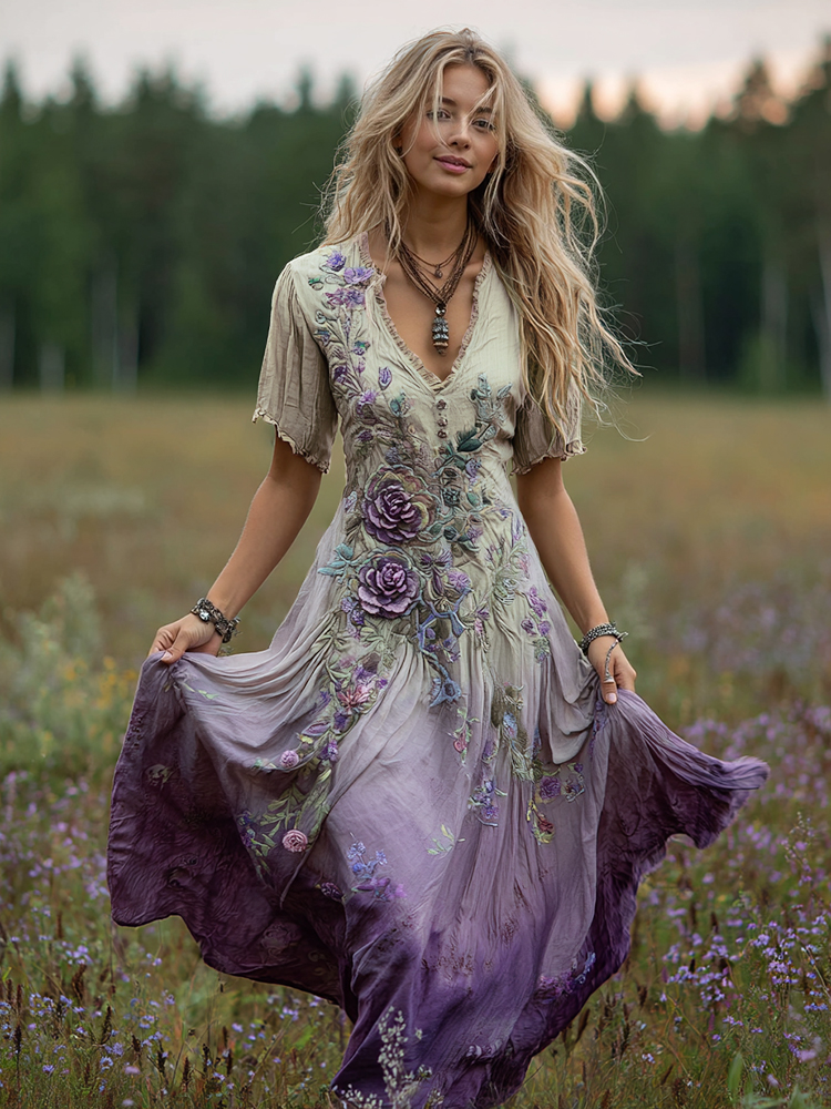 Bohemian Floral Art Gradient Linen Maxi Dress