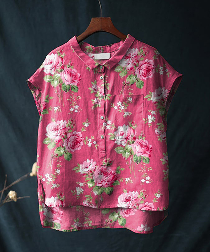 Vintage Rose Floral Print Short Sleeve Cotton & Linen Shirt