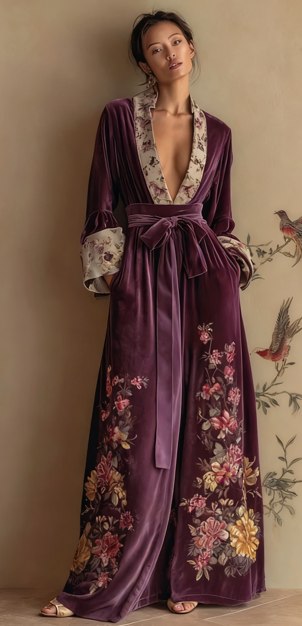 Artistic style women's velvet V-neck robe with belt