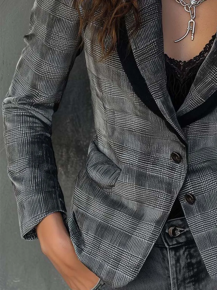 Vintage Velvet Printed Plaid Blazer Jacket