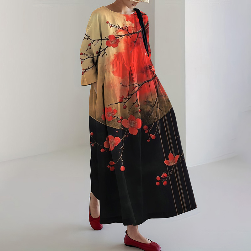 Japanese Cherry Blossom Print Midi Dress
