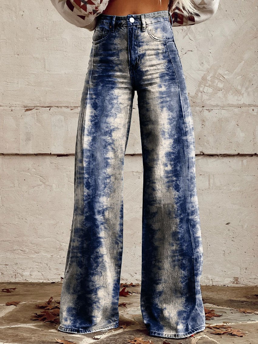 Vintage Print Casual Wide-Leg Pants
