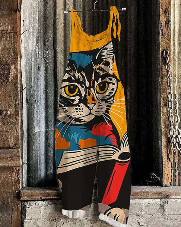 Retro Cat Reading Poster Print Jumpsuit