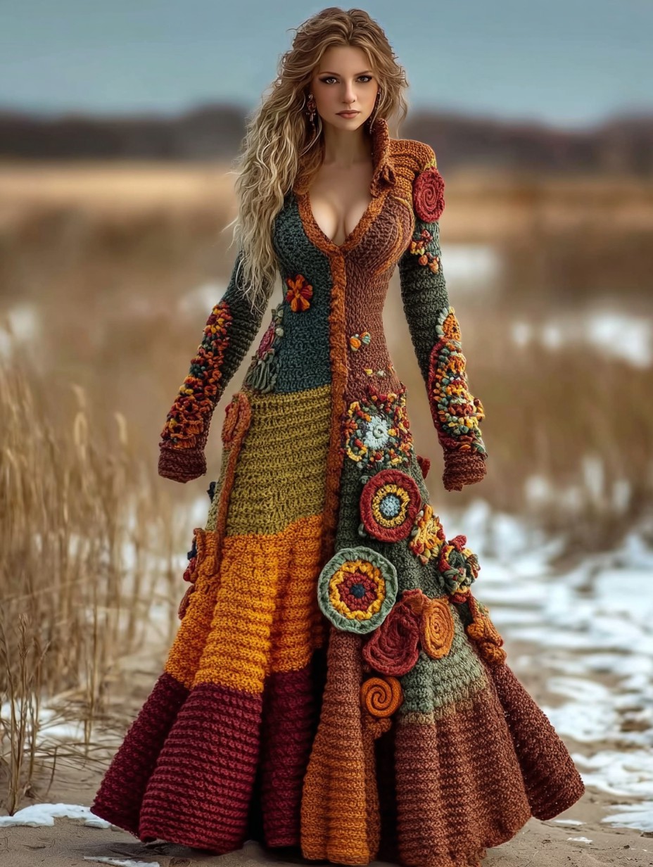 Vintage Floral Crochet Colorblock Cozy Maxi Sweater Dress