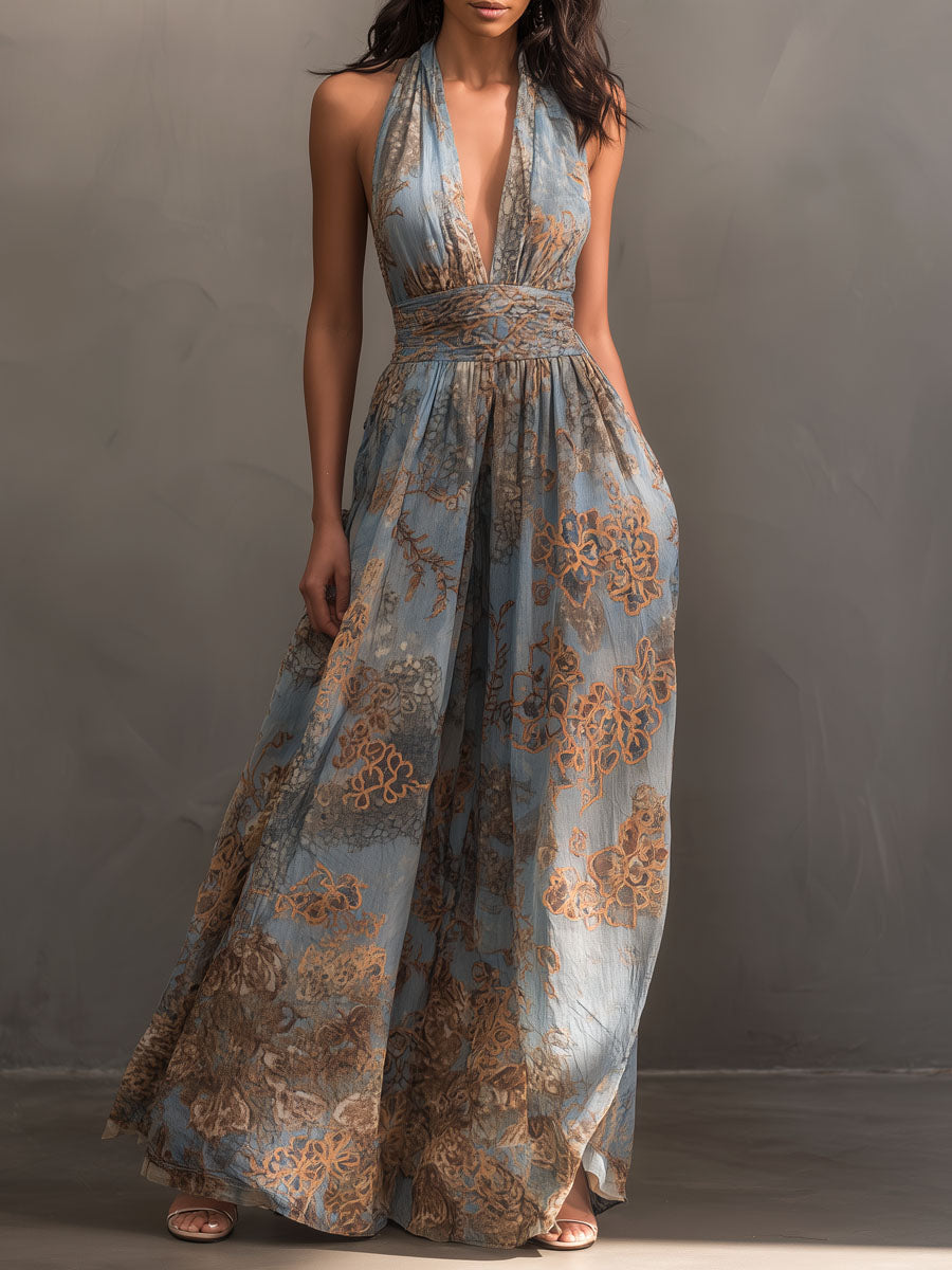 Deep V-Neck Dusty Blue And Bronze Halter Chiffon Maxi Dress