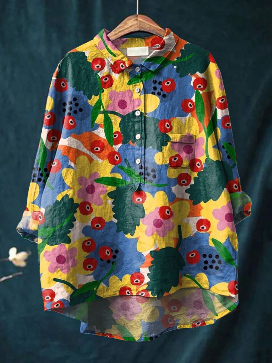 Vintage Flower Print Casual Cotton & Linen Shirt