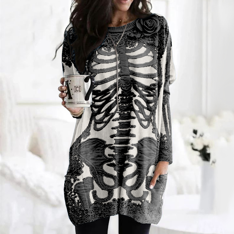 Women's Halloween Skeleton Bones With Rose Art Cozy Knit Turtleneck Mini Sweater Dress