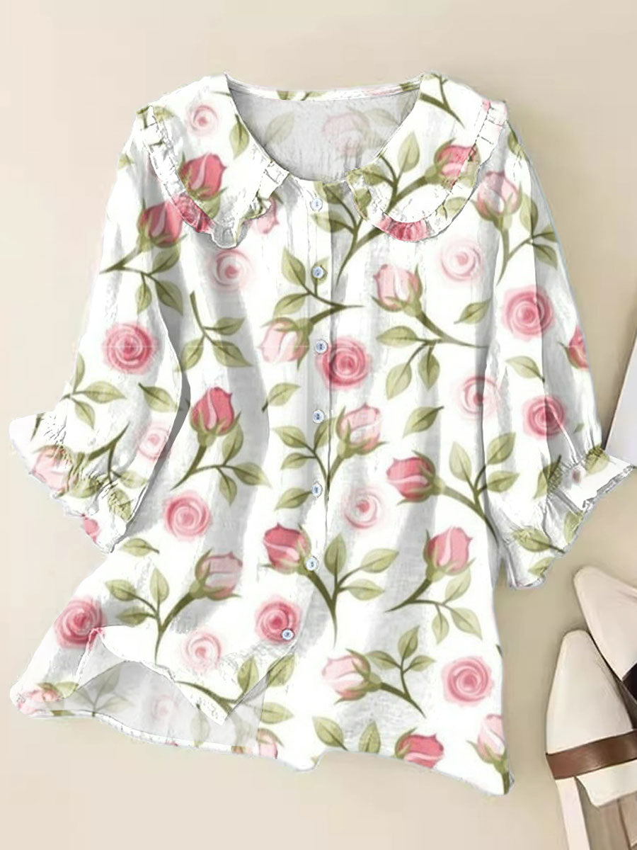 Fresh Floral Art Print Loose Top Peter Pan Collar Half Sleeve Blouses