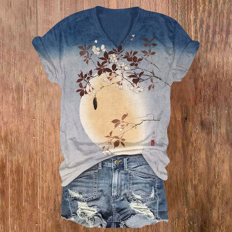 Plum Blossoms & Full Moon Gradient Japanese Art Print Short Sleeved V-neck T-shirt