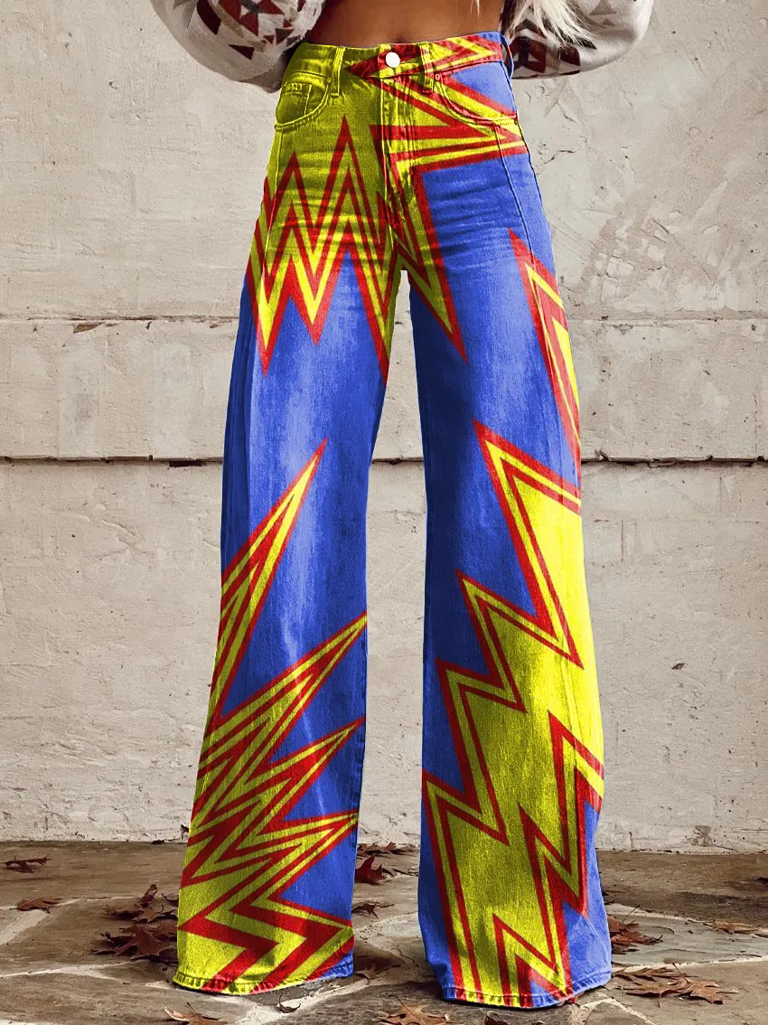 Retro Explosion Art Print Casual Wide-Leg Pants
