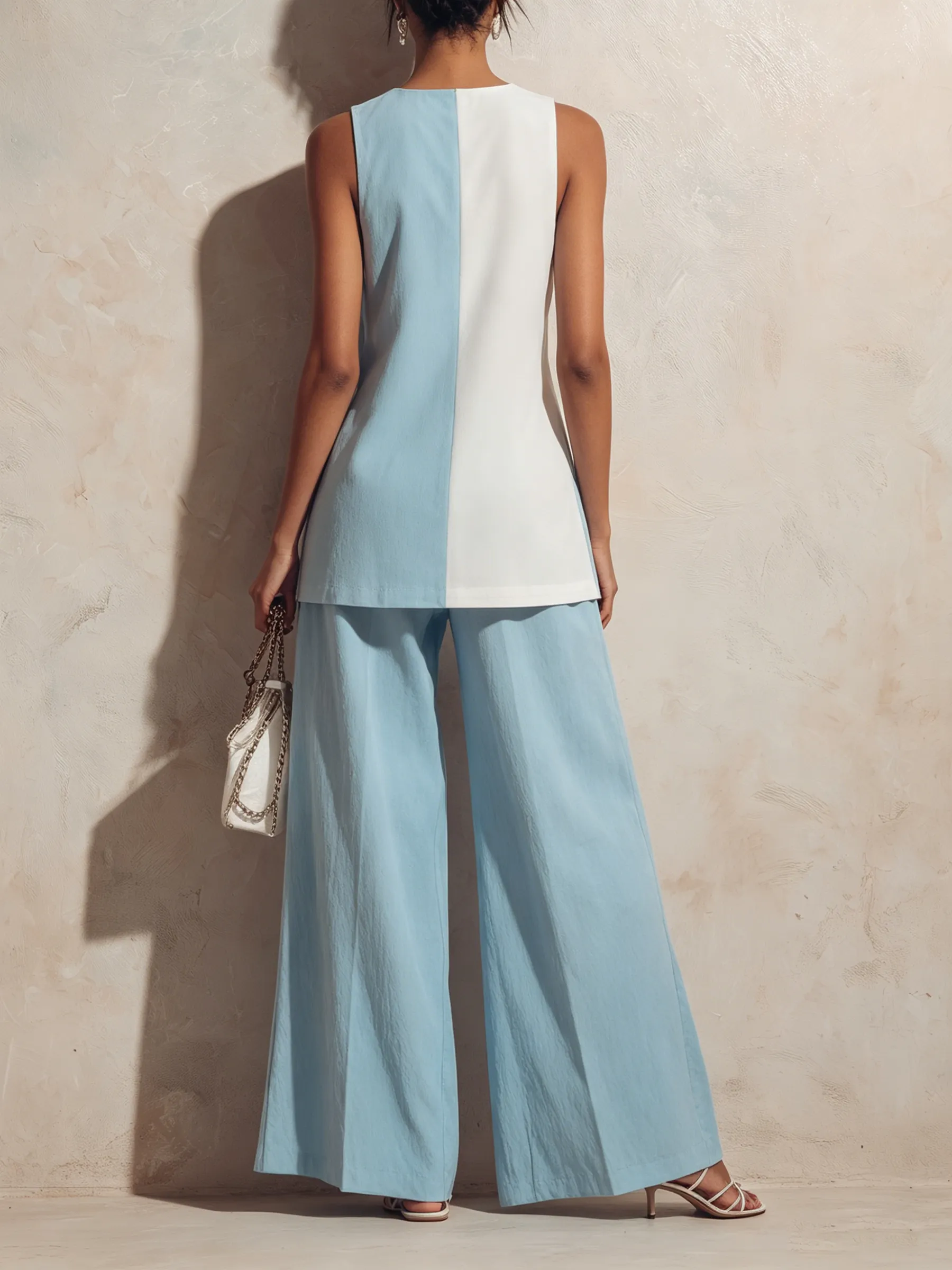Two-Tone Lip Print Sleeveless Tunic & Wide-Leg Pants Set
