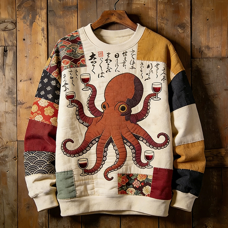Men's Retro Octopus Japanese Art Patchwork Print Casual Sweatshirt