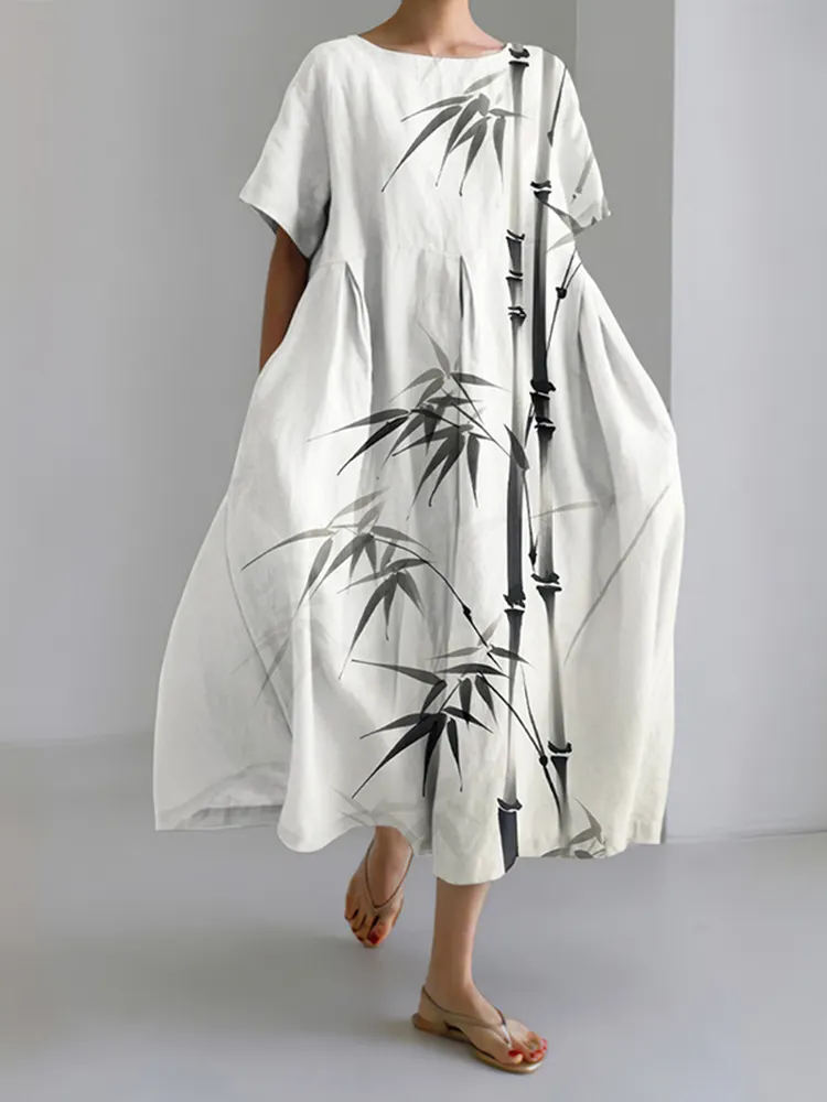 Japanese Art Ink Wash Painting Print Crew Neck Midi Dress