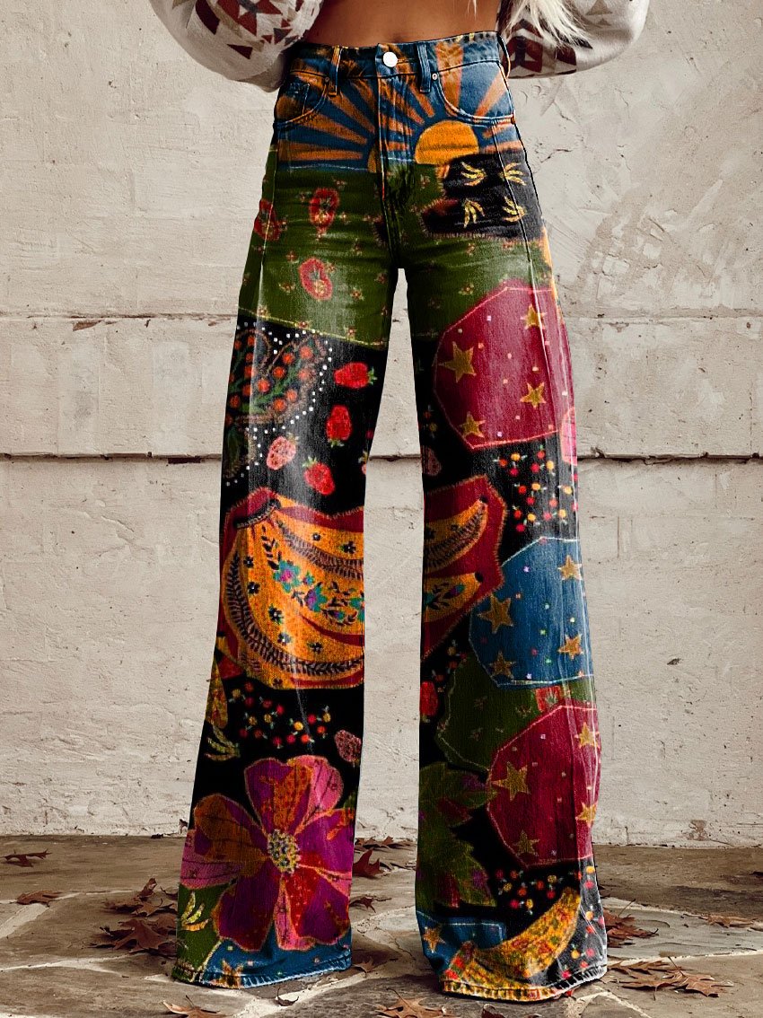 Vintage Print Casual Wide-Leg Pants