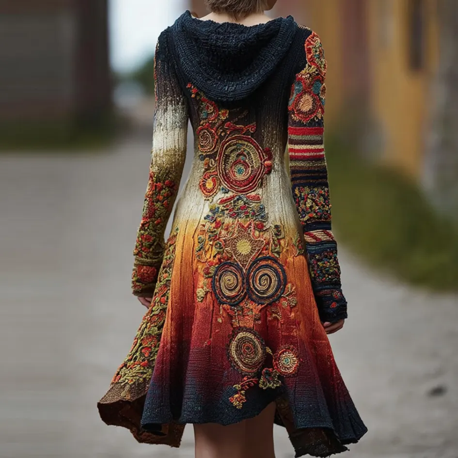 Bohemian Style Autumn And Winter Warm Women's Hooded Knitted Sweater Coat