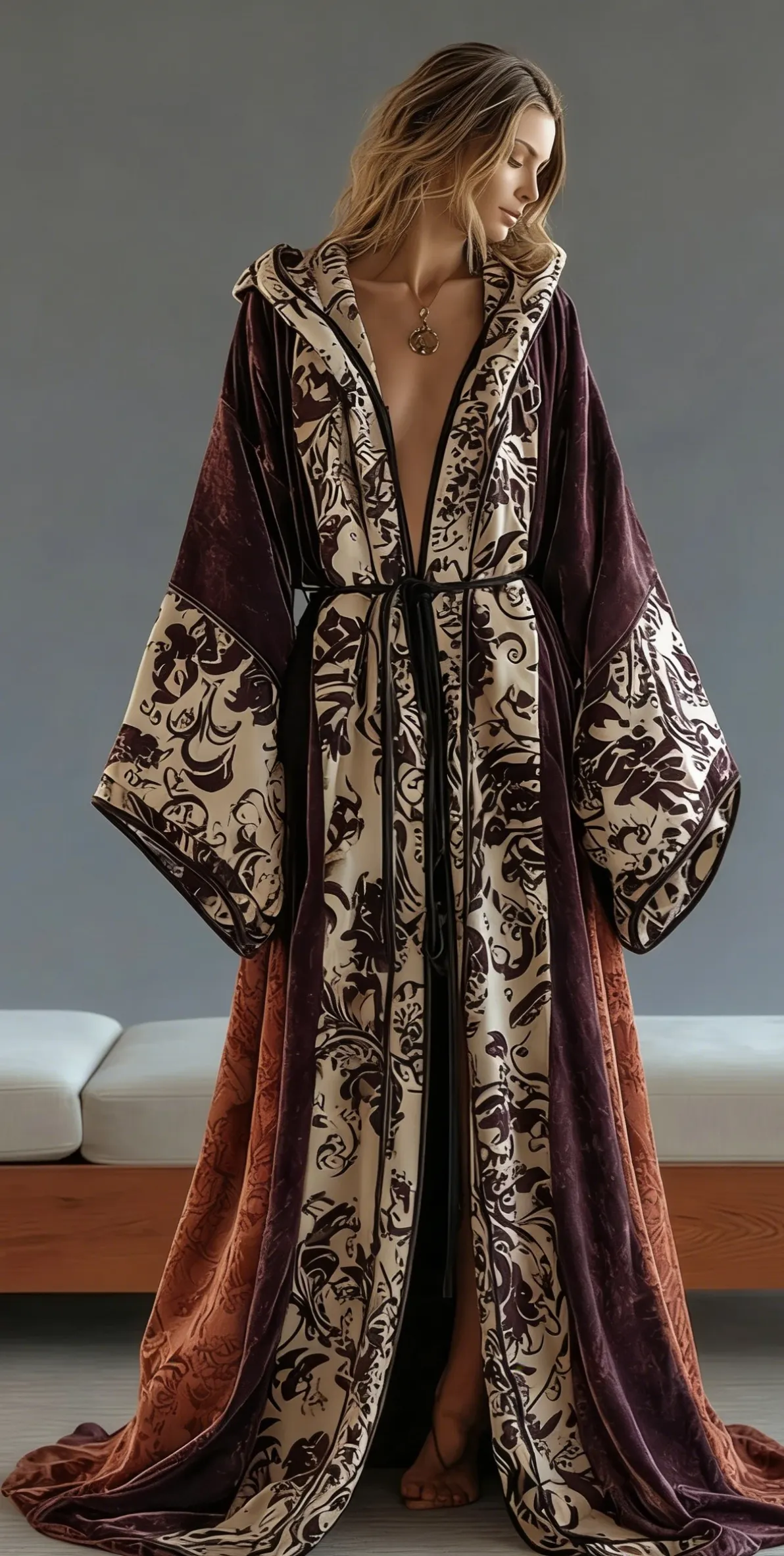 Artistic style women's velvet V-neck hooded robe with belt