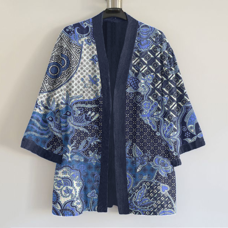 Japanese Traditional Sashiko Art Pattern Art Print Blend Kimono Cardigan