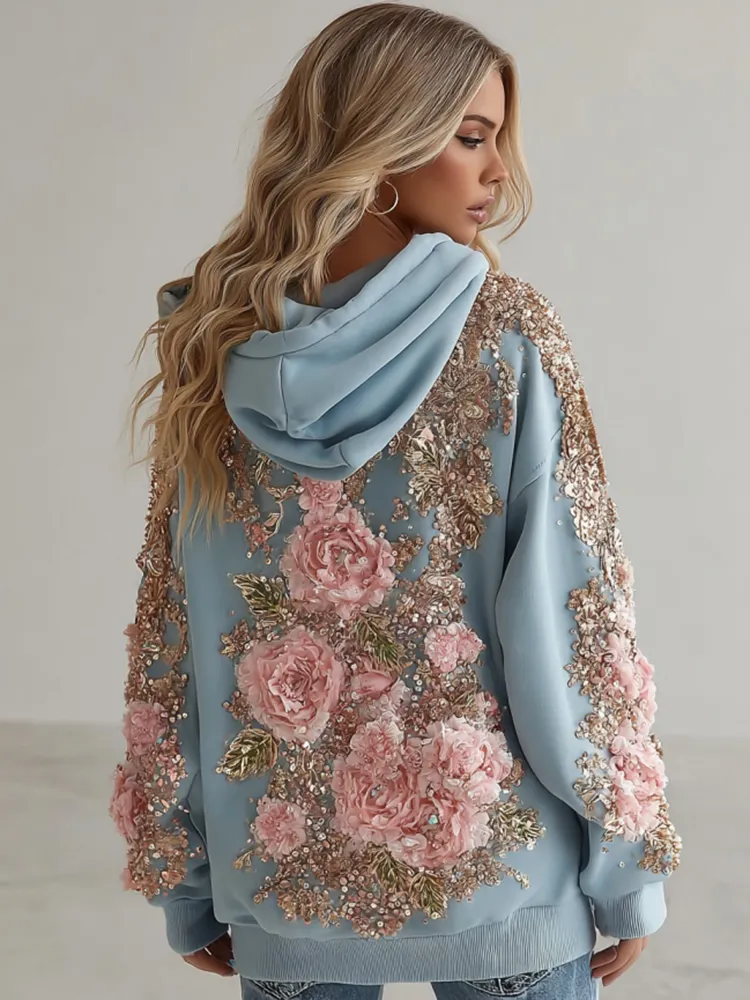 Women's Vintage Pink Flower Embroidery Art Long Sleeve Hoodie