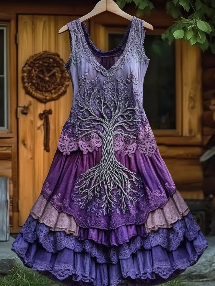Vintage Life Of Tree Tribal Lace Patchwork Art Comfy Tank Dress