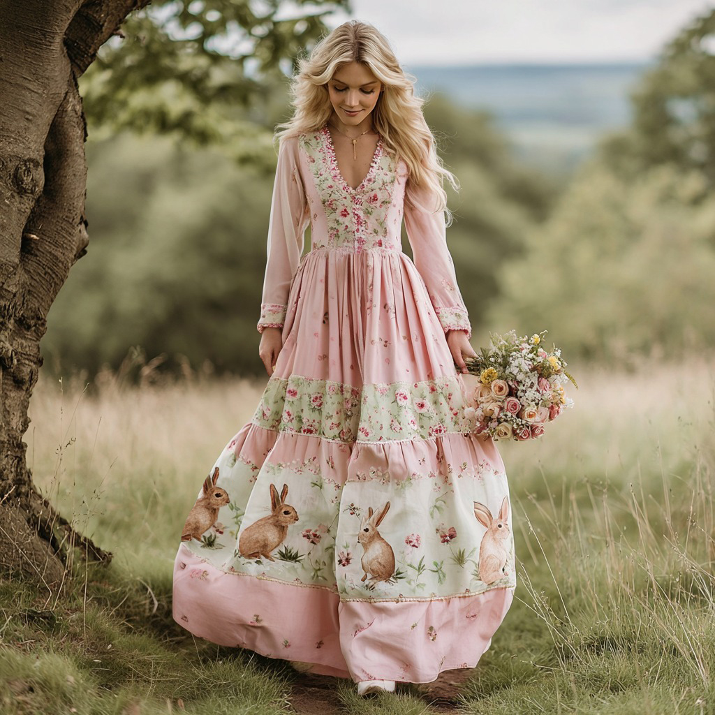 Vintage Bunny With Floral Art Women's Long Sleeve Maxi V-neck Dress