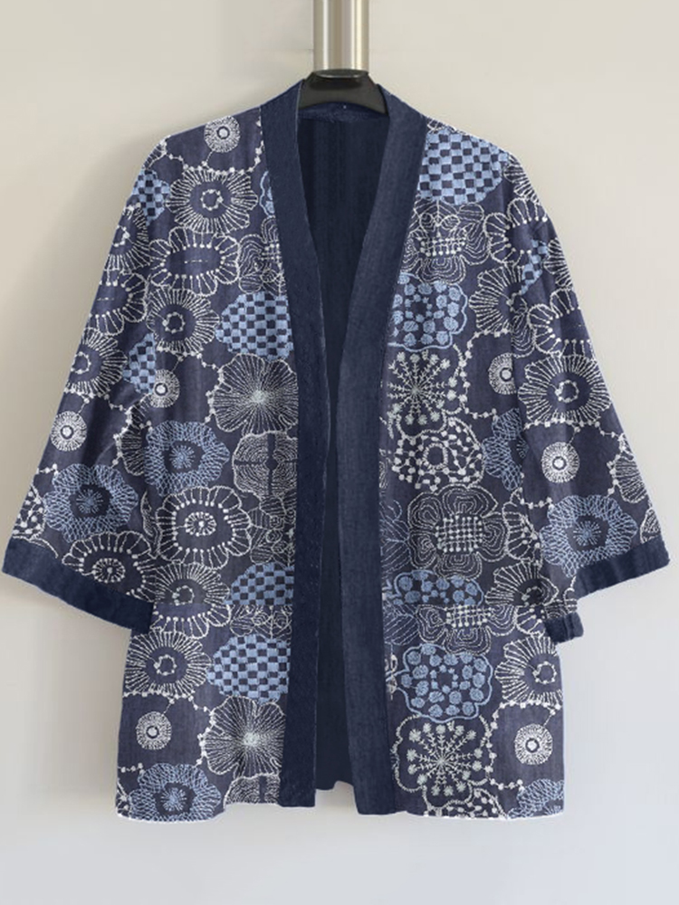 Japanese Traditional Sashiko In Floral Art Pattern Art Print Blend Kimono Cardigan