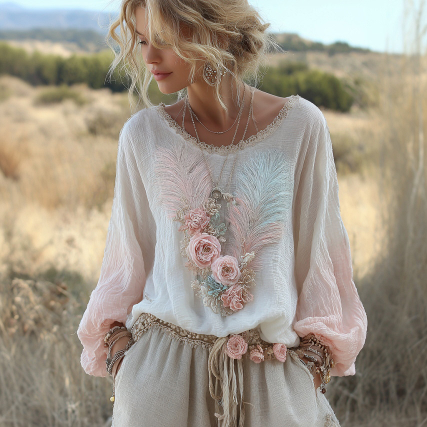 Feather Floral Embroidery Linen Crew Neck T-shirt